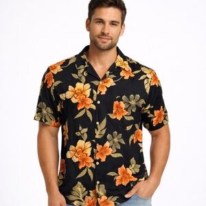 Jamaica Jaxx 100% Silk Hawaiian Shirt | Medium | Black Tropical Floral